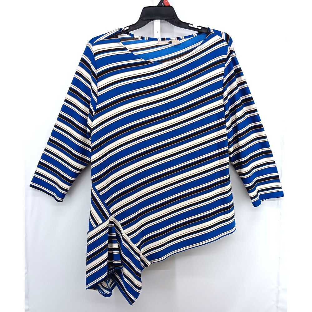 Chicos Blouse Women Size 3 Multicolor Striped 3/4 Sleeve Asymmetrical Top